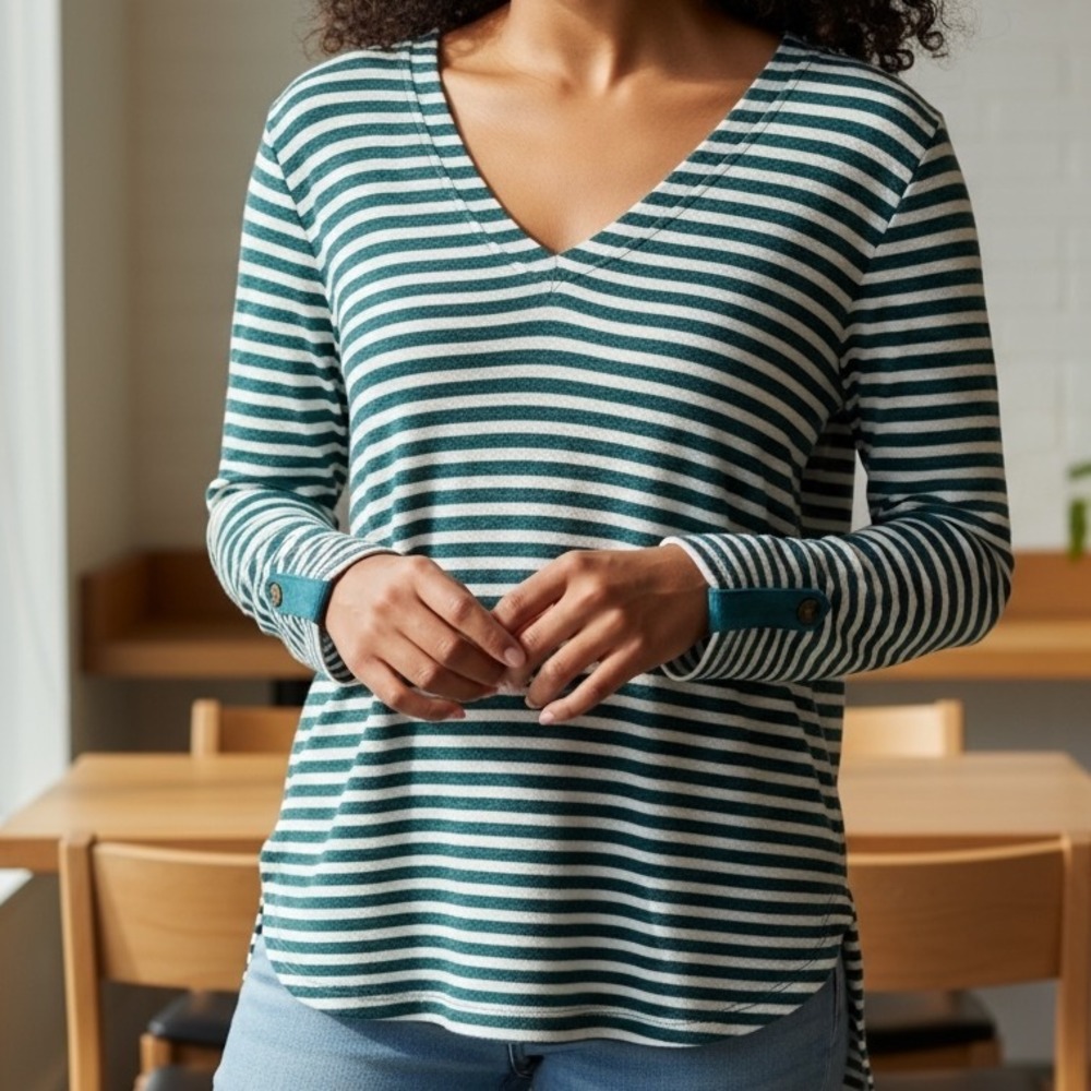 Anthropologie Akemia Kin Striped V-Neck Long Sleeve Tunic‎ Top Green White